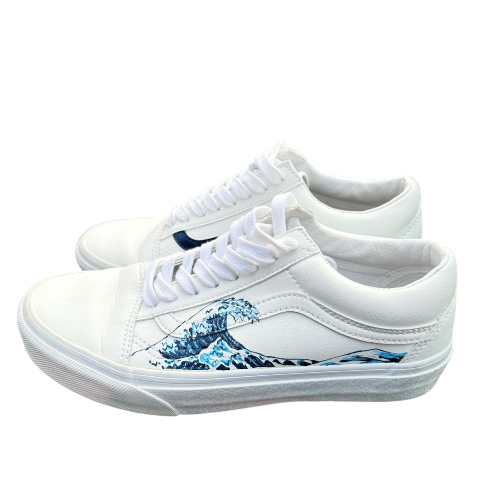 Vans Old Skool White Leather w/ Blue Wave - Men’s 6.5/Women's 8